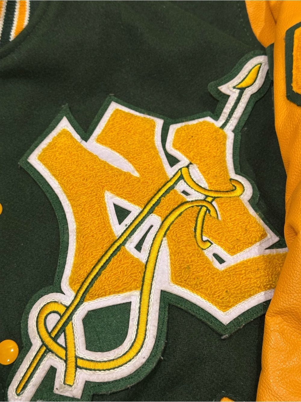 Letterman Jacket Green and Yellow With Leather Sleeves Size Small - Picture 3 of 6